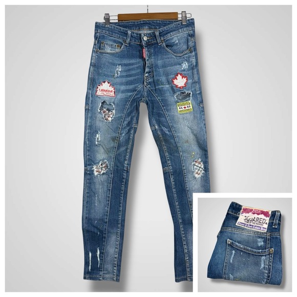 Dsquared2 Patched Distressed Jeans Mens 28x28 Dean Dan Caten Slim Skinny Tapered - Picture 1 of 16